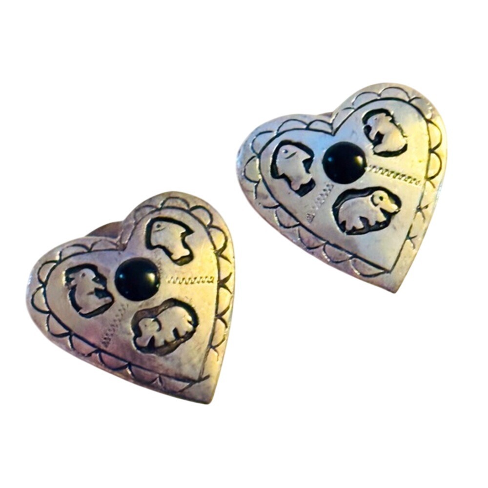 Heart Earrings VTG Runway Silver Tone Rabbit Fish Elephant Clip‎ Cabochon Bold